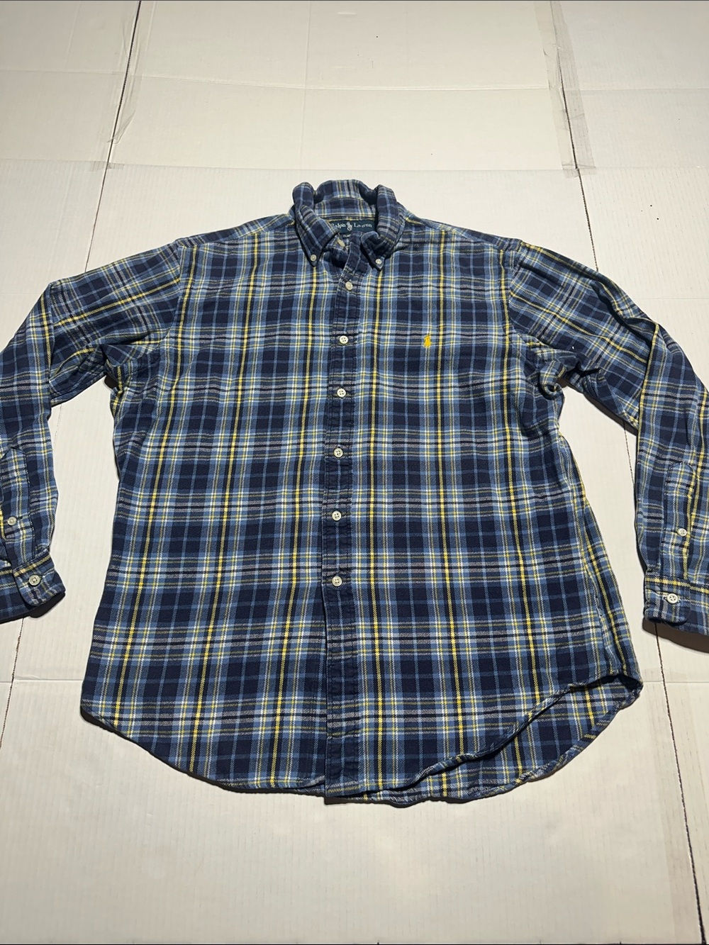 Ralph Lauren Navy and Yellow Plaid Button-Down Shirt 100% cotton extra buttons